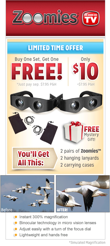 Zoomies™ is the compact, hands free, high power binoculars you wear like sunglasses! 
